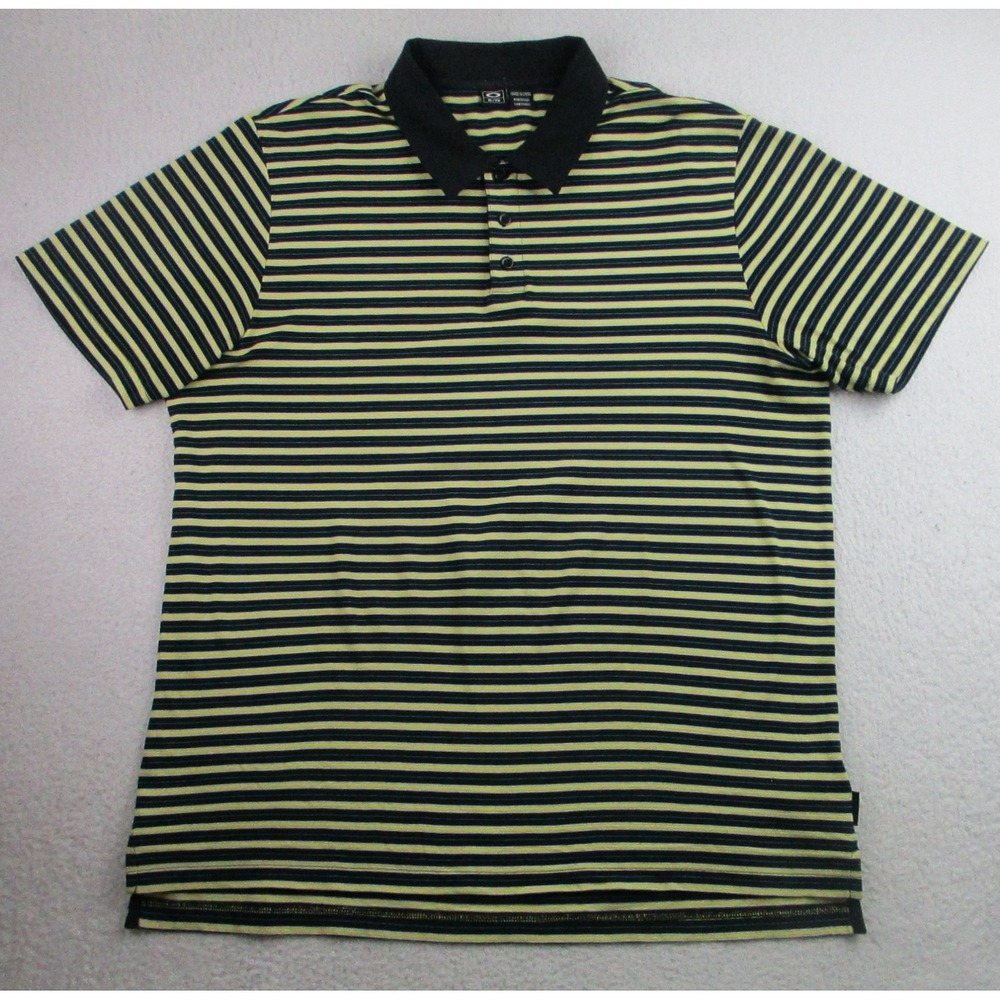 Oakley Polo Shirt Mens XL Black Yellow Striped Short Sleeve Golf Casual FA10